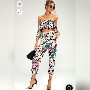 LULUS matching set, black tropical print off the shoulder crop and pants